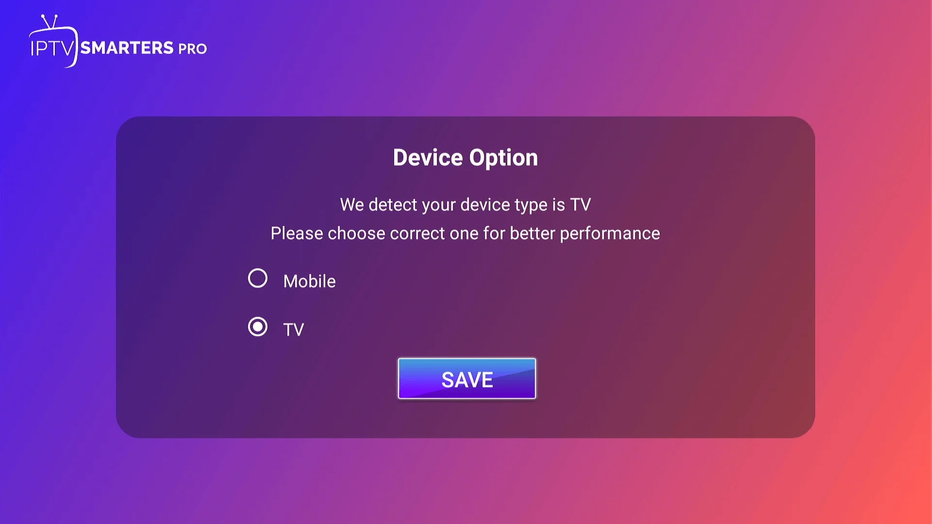 Choosing TV as the device type