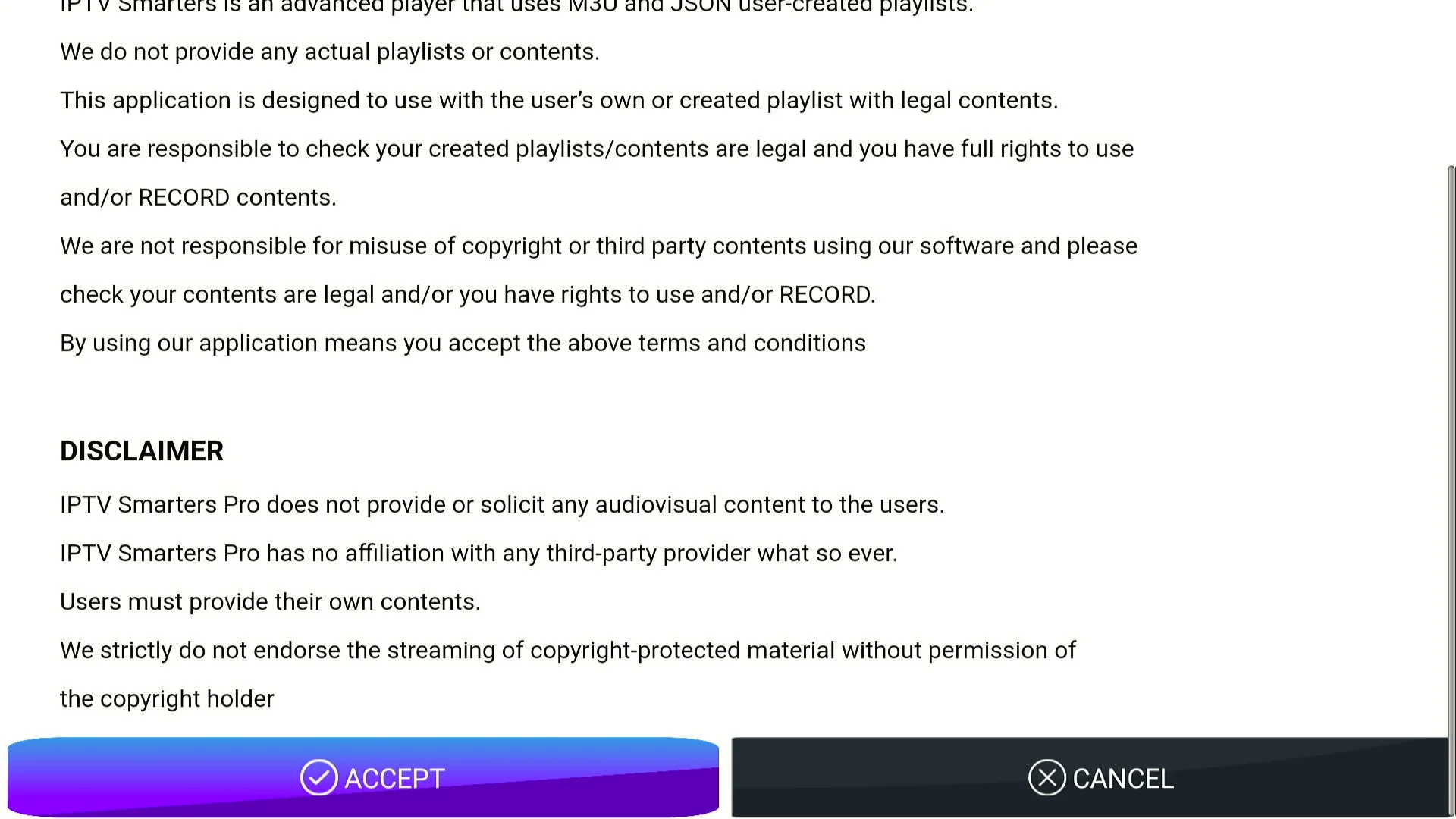 Terms of use screen