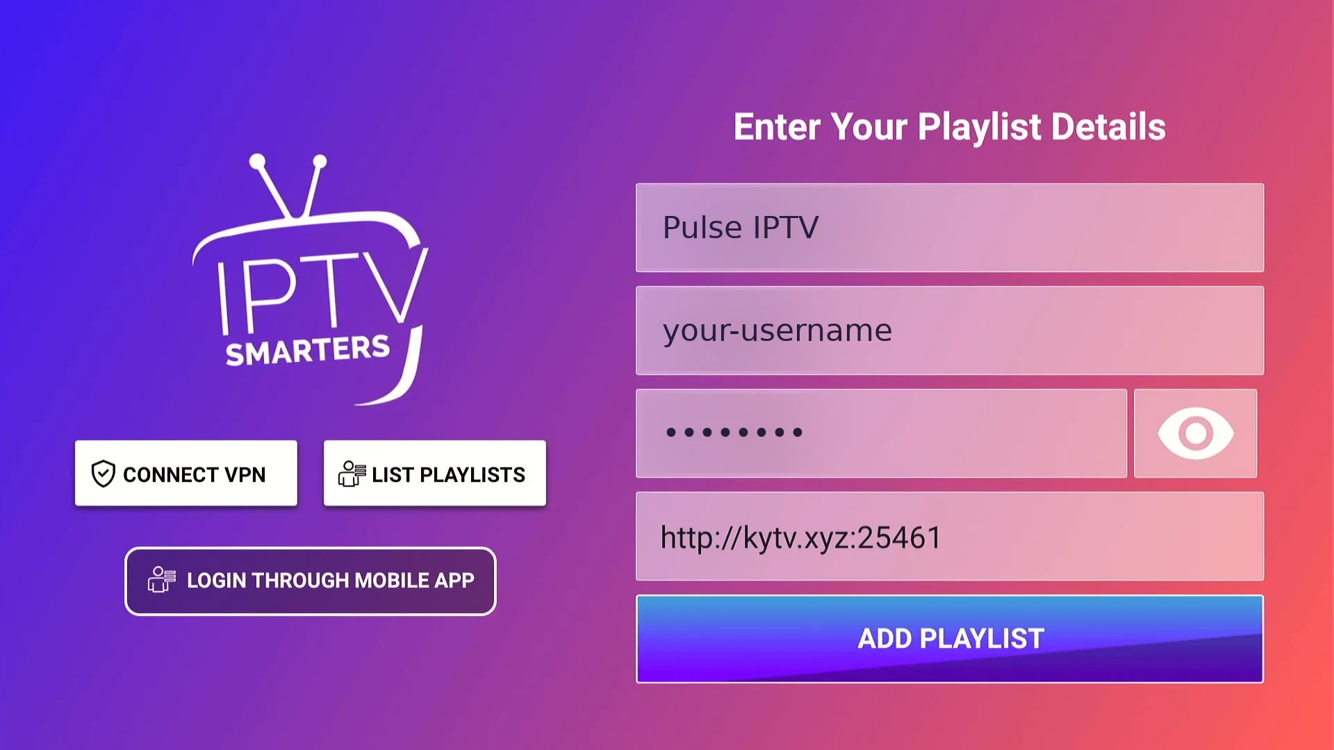Entering Pulse IPTV login details