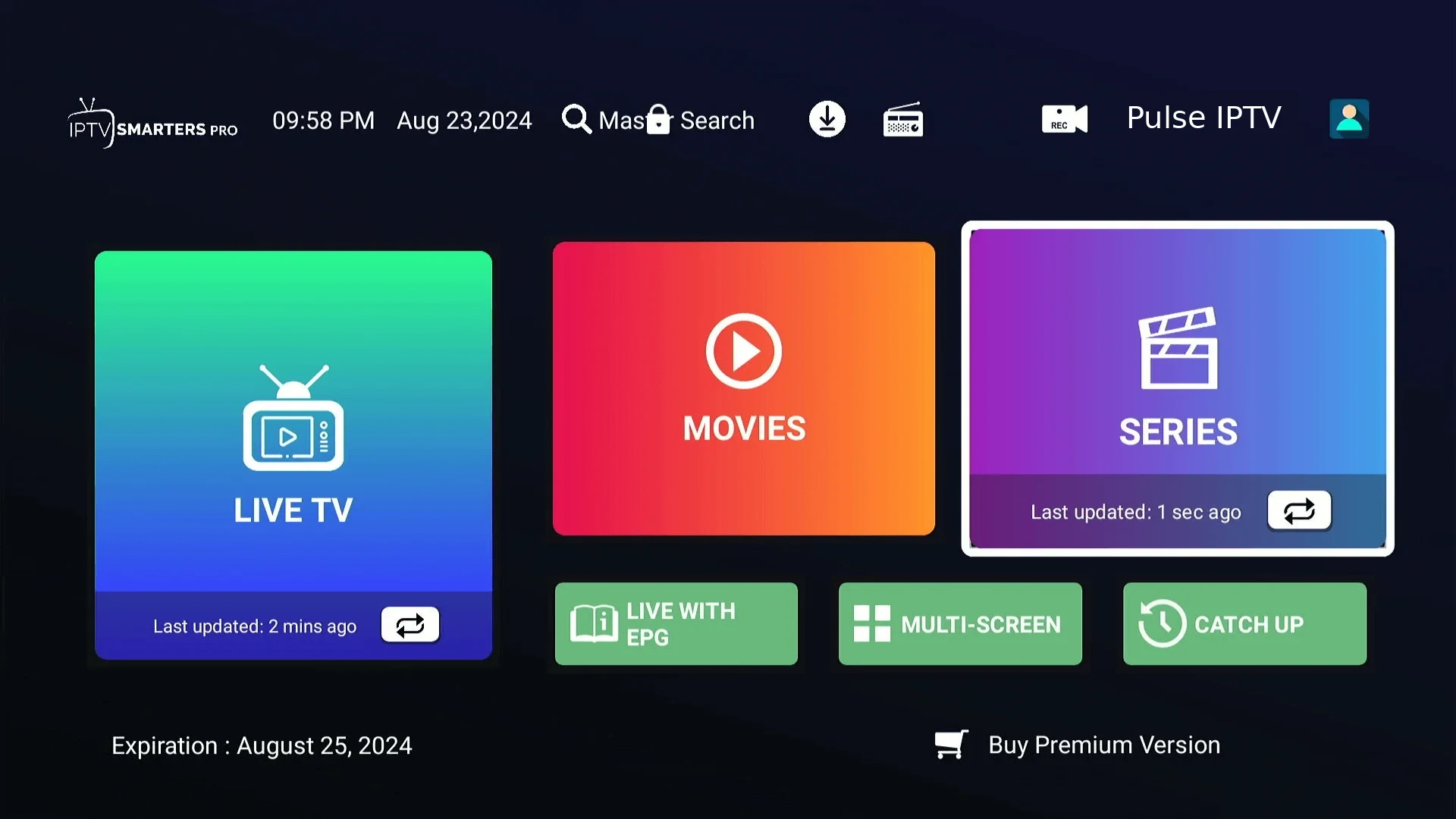 Pulse IPTV main menu ready to watch