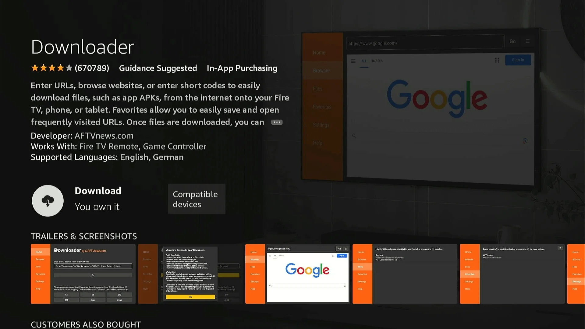Downloader app page in the Amazon store