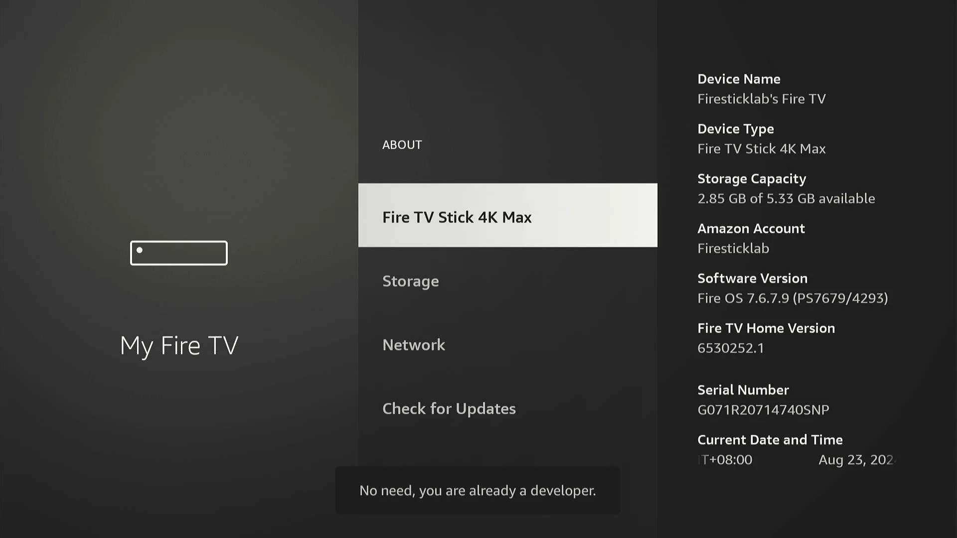 About screen showing the device name to click seven times