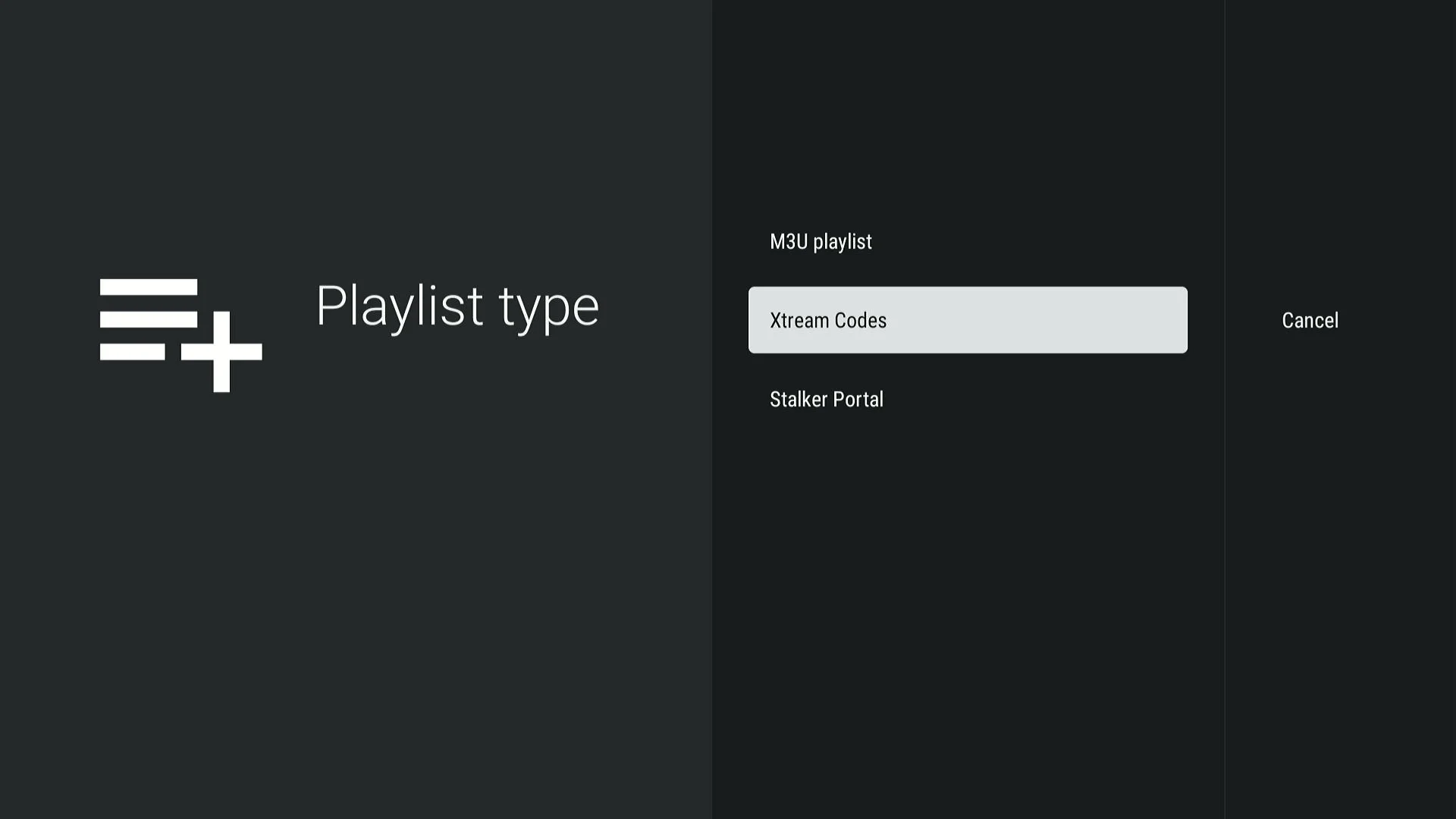 Choosing Xtream Codes as the playlist type